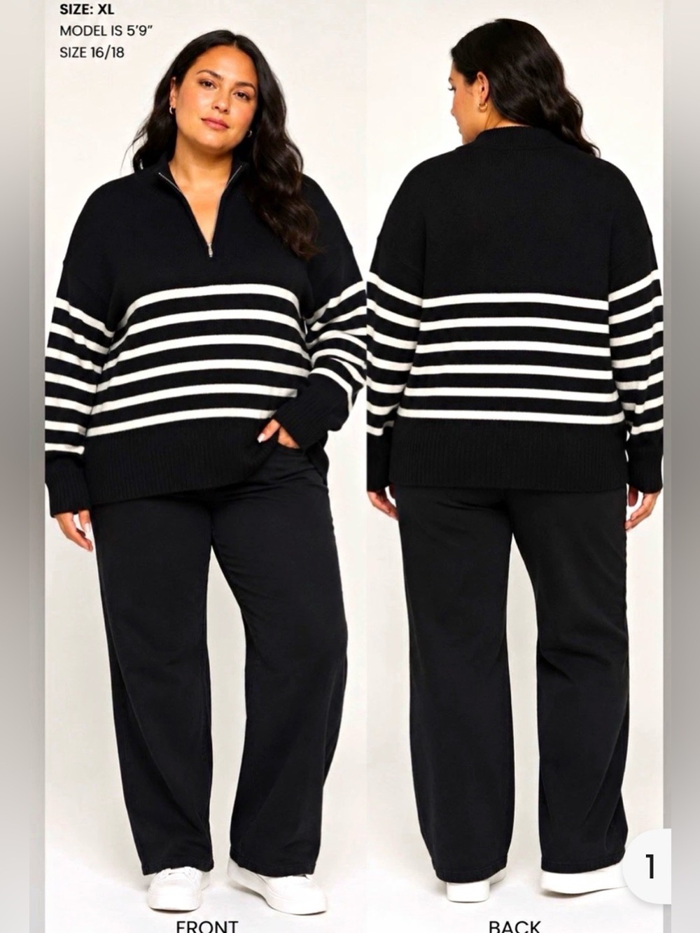 DKNY Black & White Striped Half-Zip Sweater